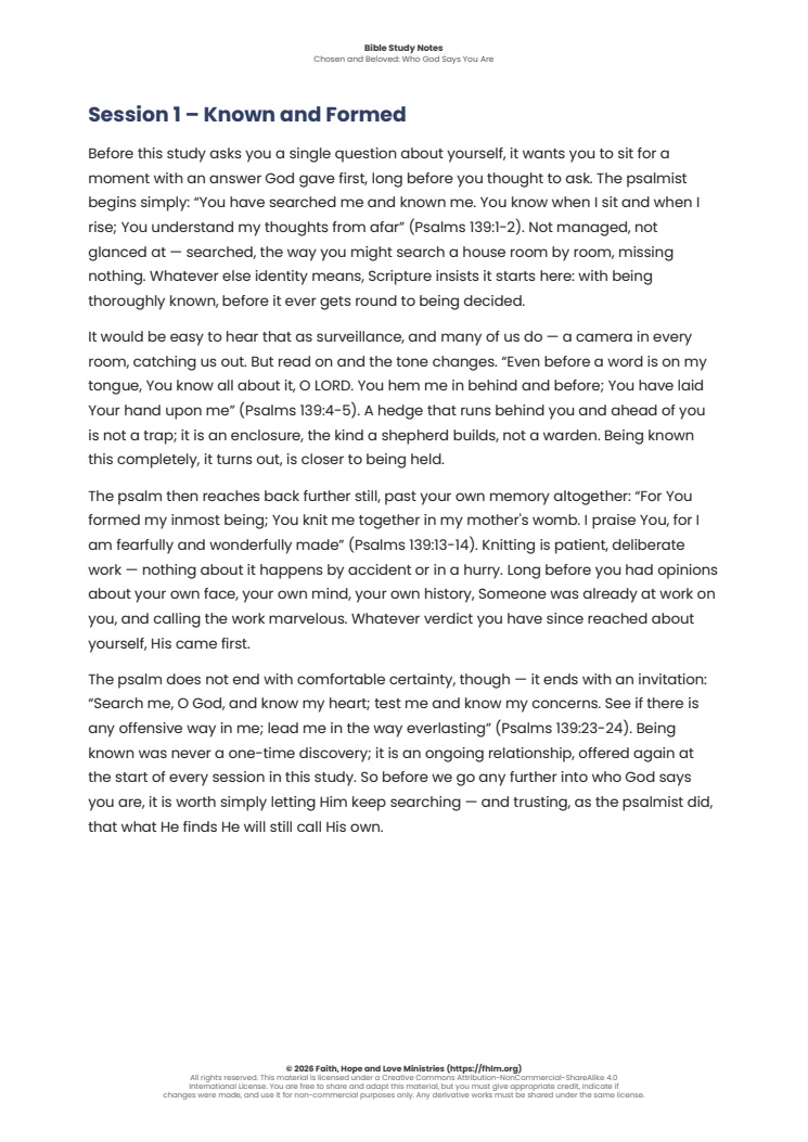 Sample of the first session’s Bible study notes from Chosen and Beloved