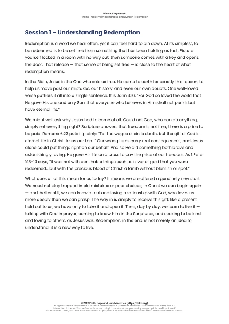 Sample of the first session’s Bible study notes from Finding Freedom