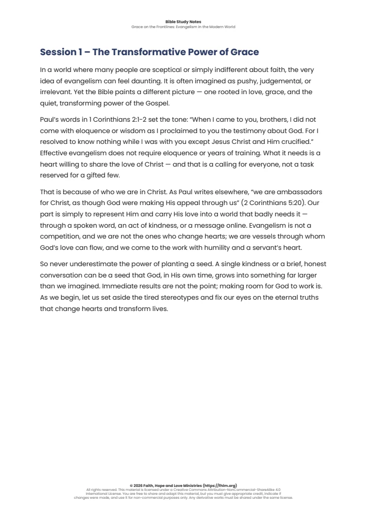 Sample of the first session’s Bible study notes from Grace on the Frontlines