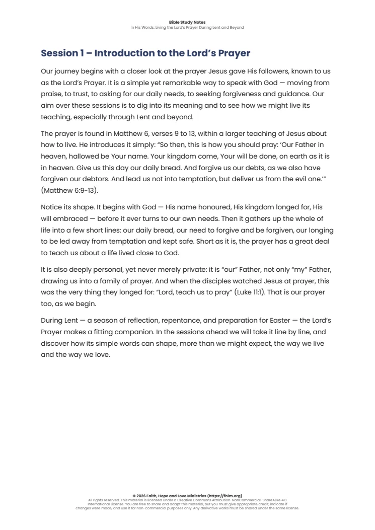 Sample of the first session’s Bible study notes from In His Words