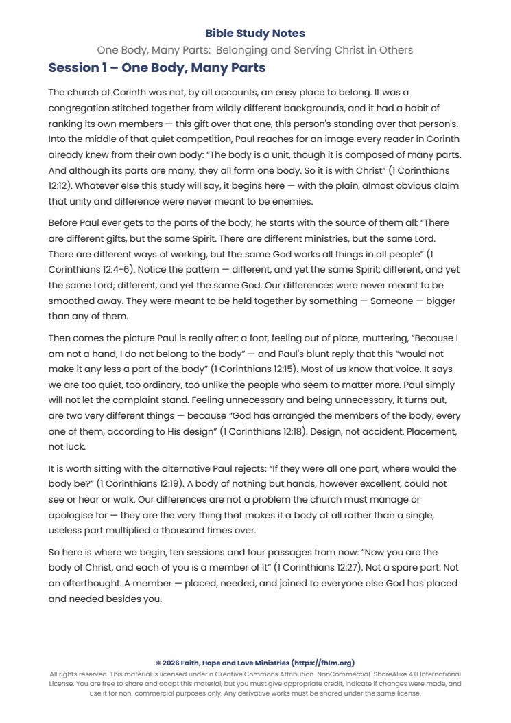Sample of the first session’s Bible study notes from One Body, Many Parts