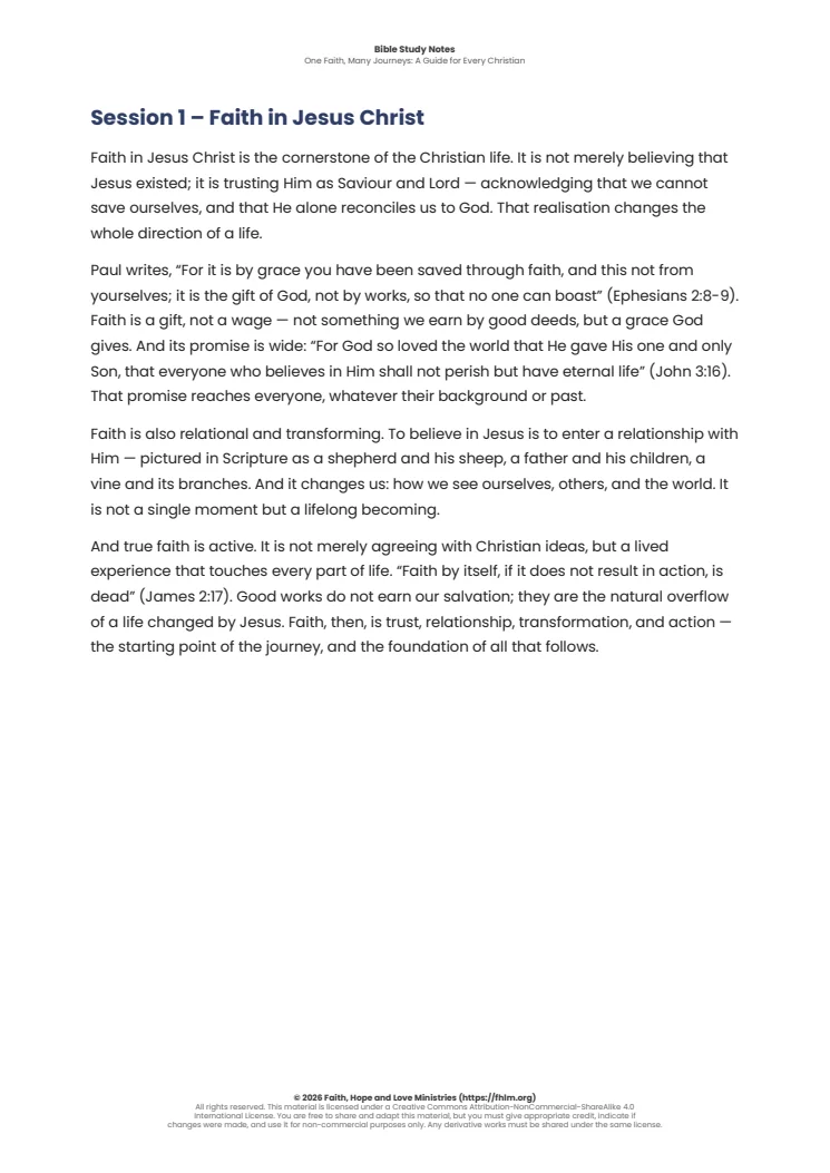 Sample of the first session’s Bible study notes from One Faith, Many Journeys