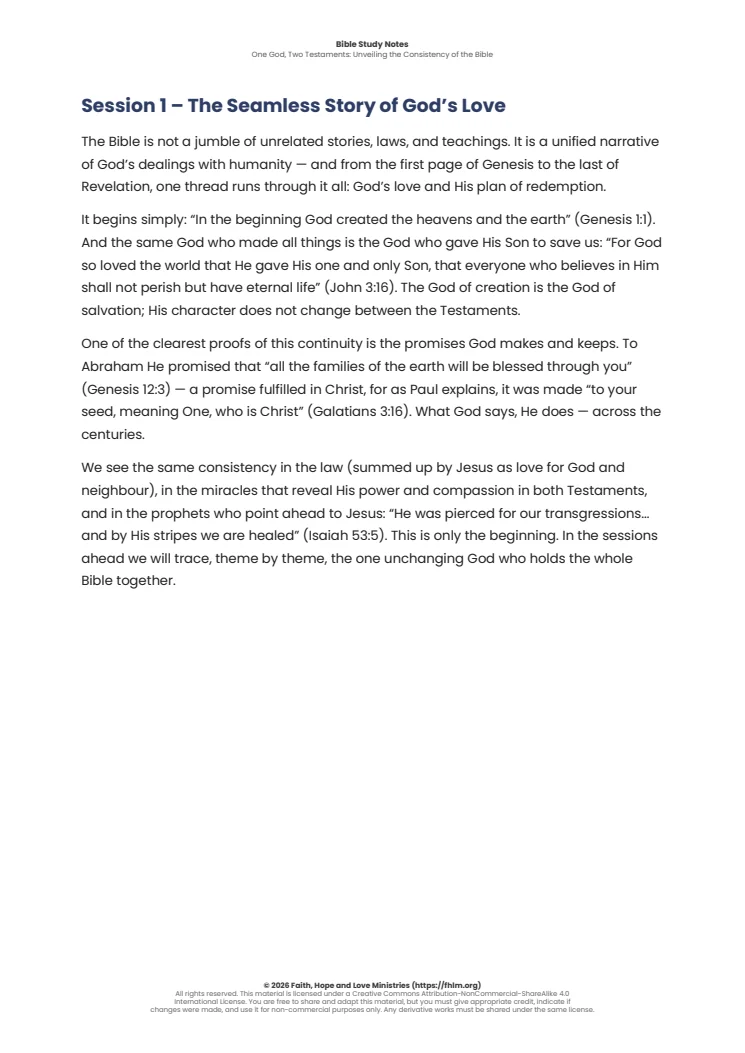 Sample of the first session’s Bible study notes from One God, Two Testaments