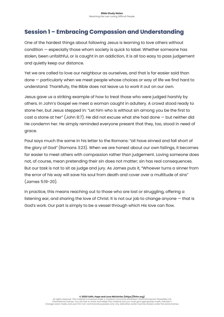 Sample of the first session’s Bible study notes from Reaching the Lost