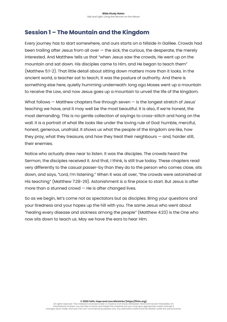Sample of the first session’s Bible study notes from Salt and Light