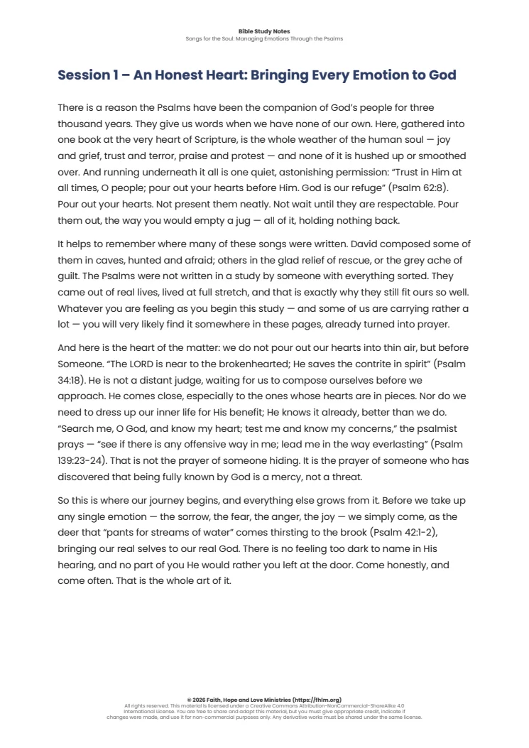 Sample of the first session’s Bible study notes from Songs for the Soul