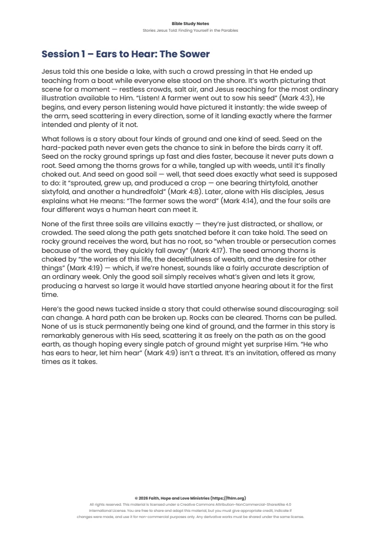 Sample of the first session’s Bible study notes from Stories Jesus Told