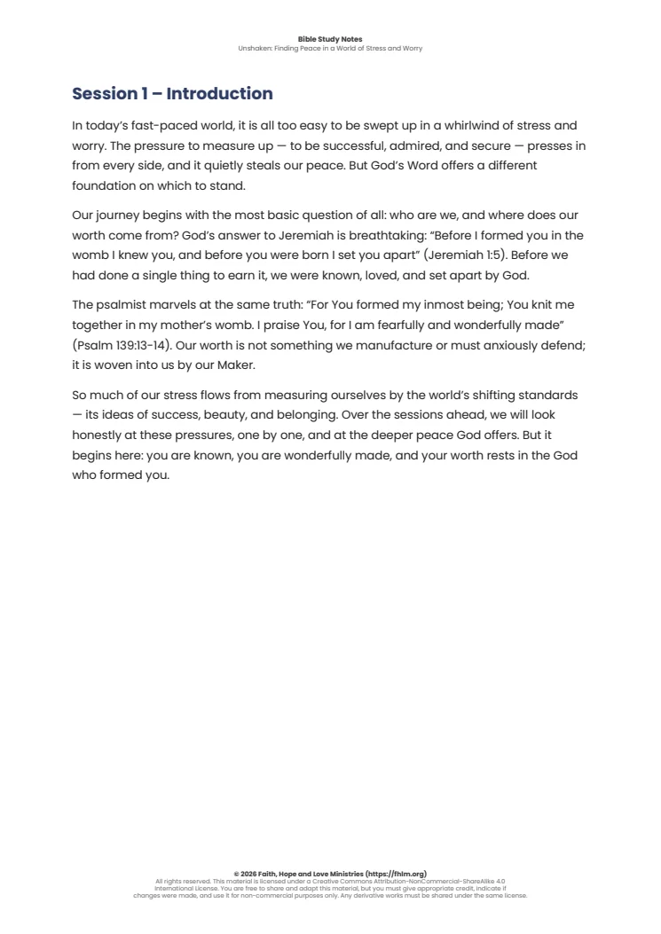 Sample of the first session’s Bible study notes from Unshaken