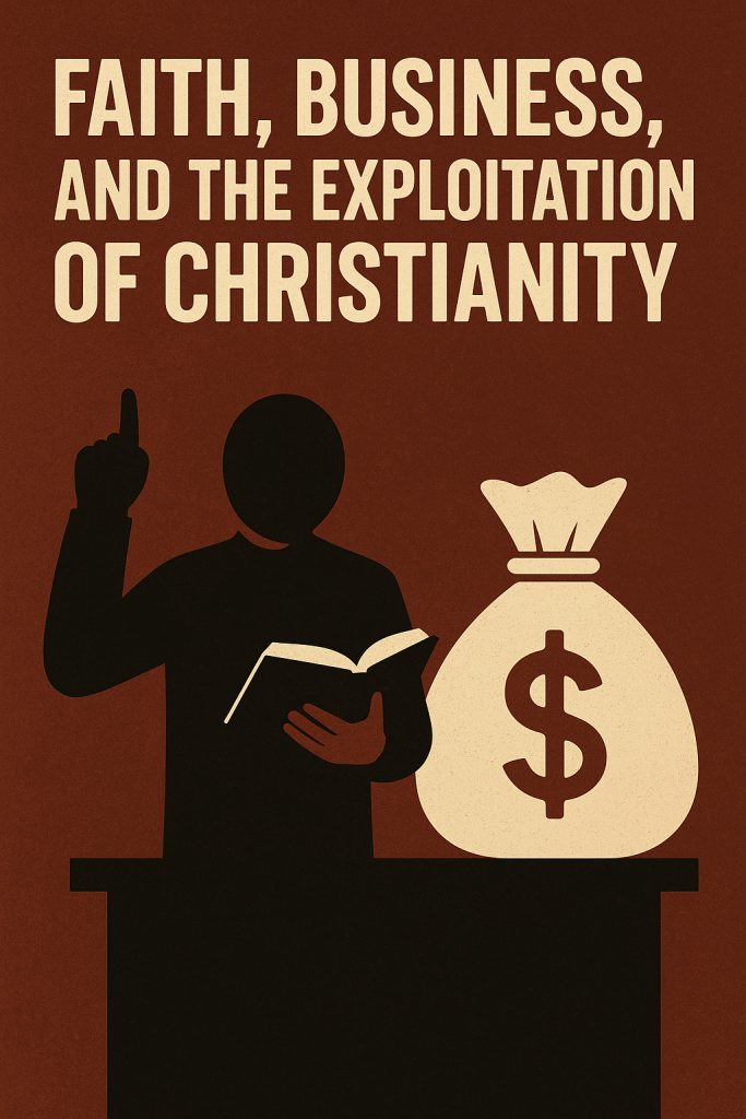 Faith, Business, And The Exploitation Of Christianity 2 Silhouette of a preacher holding a bible beside a money bag, symbolizing the exploitation of christianity for profit.