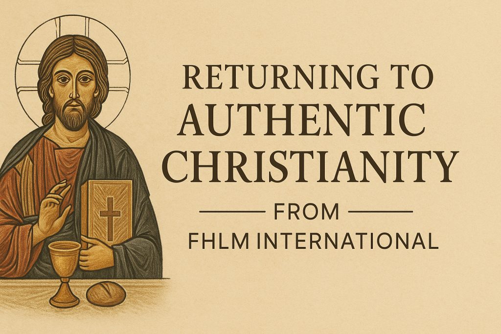 Illustration of jesus christ with chalice, bread, and bible, symbolising the eucharist and early church community, with the words "returning to authentic christianity – from fhlm international"